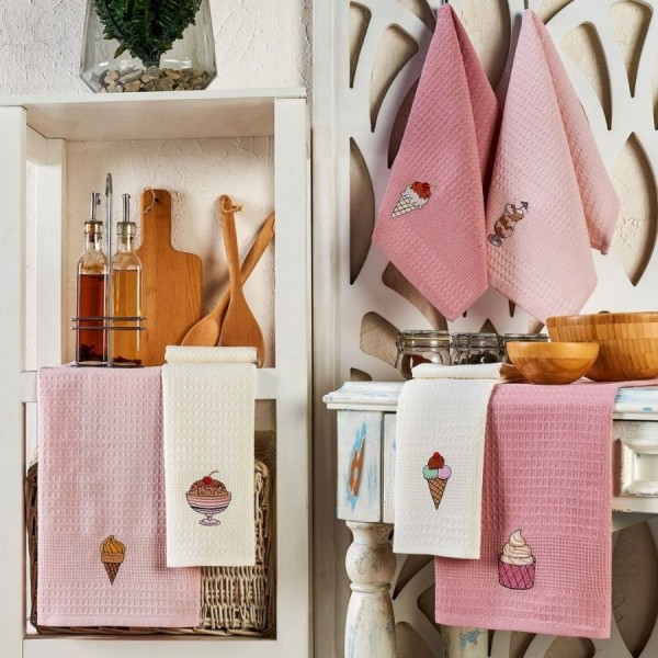 Set 6 prosoape bucatarie cu broderie cu inghetata pe fundal roz si crem, 40x60cm, Eponje Home