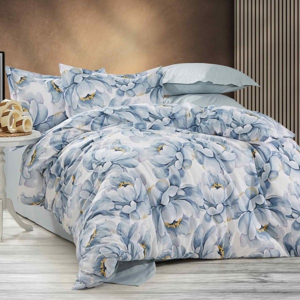 set cearceafuri din bumbac satinat cu bujori bleu, 2 cearceafuri pat 220x240 cm si 2 fete perna 52x72 cm