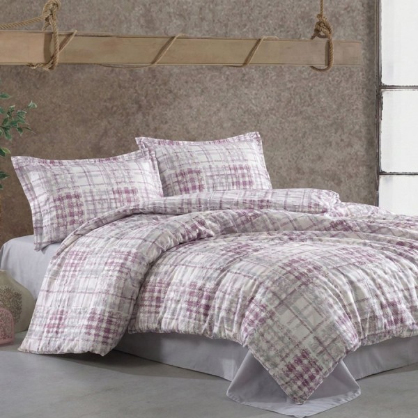 set cearceafuri 4 piese din bumbac satinat cu carouri lila, 2 cearceafuri pat 220x240 cm si 2 fete perna 52x72 cm