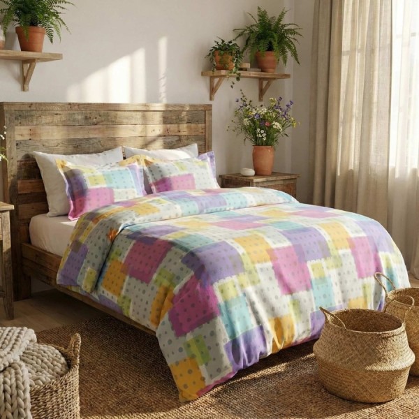 set cearceafuri din bumbac satinat cu carouri pastel, 2 cearceafuri pat 220x240 cm si 2 fete perna 52x72 cm
