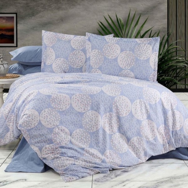 set cearceafuri 4 piese din bumbac satinat cu cercuri albastre, 2 cearceafuri pat 220x240 cm si 2 fete perna 52x72 cm