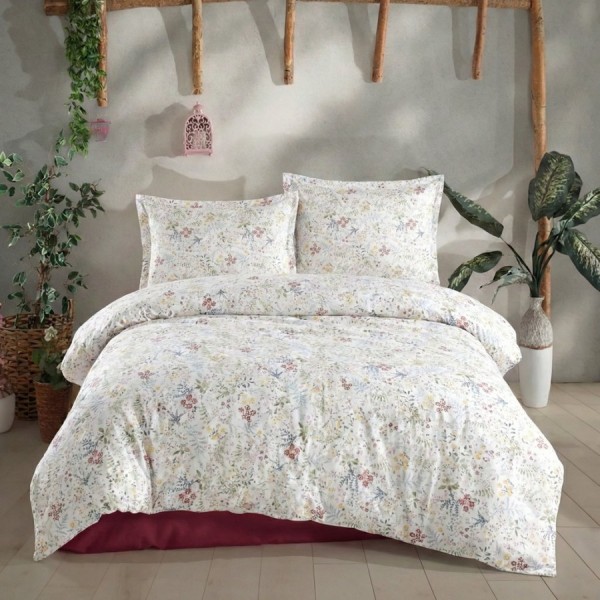 set cearceafuri 4 piese din bumbac satinat cu flori de camp, 2 cearceafuri pat 220x240 cm si 2 fete perna 52x72 cm