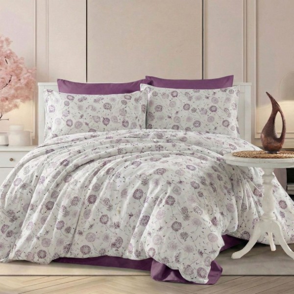 set cearceafuri 4 piese din bumbac satinat cu flori mov, 2 cearceafuri pat 220x240 cm si 2 fete perna 52x72 cm