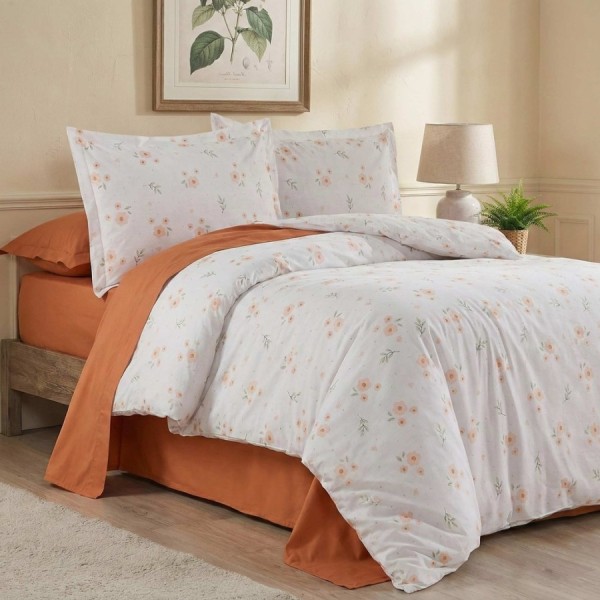 set cearceafuri din bumbac satinat cu flori piersica, 2 cearceafuri pat 220x240 cm si 2 fete perna 52x72 cm