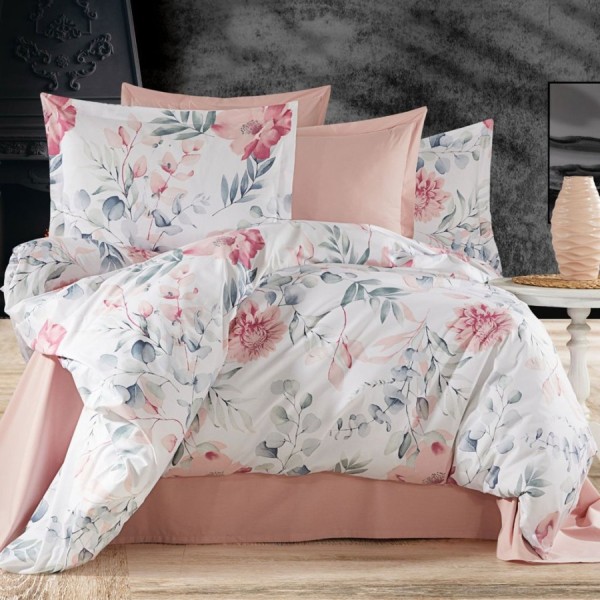 set cearceafuri 4 piese din bumbac satinat cu flori si frunze, 2 cearceafuri pat 220x240 cm si 2 fete perna 52x72 cm