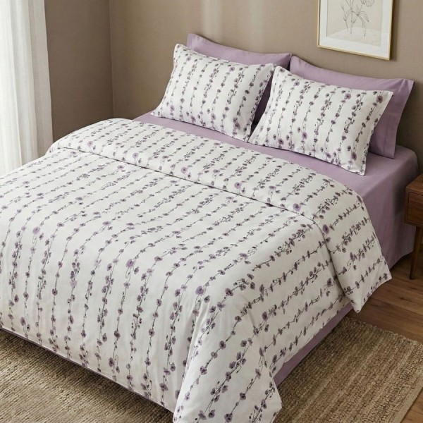 set cearceafuri 4 piese din bumbac satinat floricele mov, 2 cearceafuri pat 220x240 cm si 2 fete perna 52x72 cm