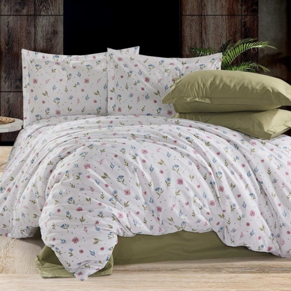 set cearceafuri din bumbac satinat cu floricele verzi, 2 cearceafuri pat 220x240 cm si 2 fete perna 52x72 cm