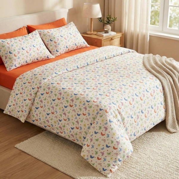 set cearceafuri din bumbac satinat cu fluturi colorati, 2 cearceafuri pat 220x240 cm si 2 fete perna 52x72 cm