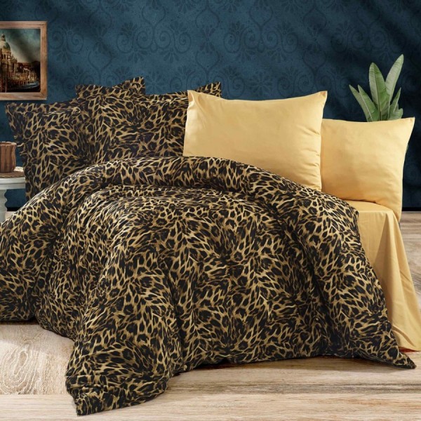 set cearceafuri din bumbac satinat leopard auriu, 2 cearceafuri pat 220x240 cm si 2 fete perna 52x72 cm