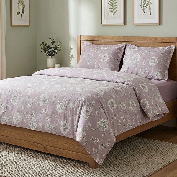 set cearceafuri 4 piese din bumbac satinat lila cu flori, 2 cearceafuri pat 220x240 cm si 2 fete perna 52x72 cm