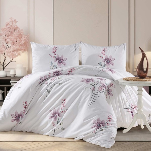 set cearceafuri din bumbac satinat cu design orhidee, 2 cearceafuri pat 220x240 cm si 2 fete perna 52x72 cm