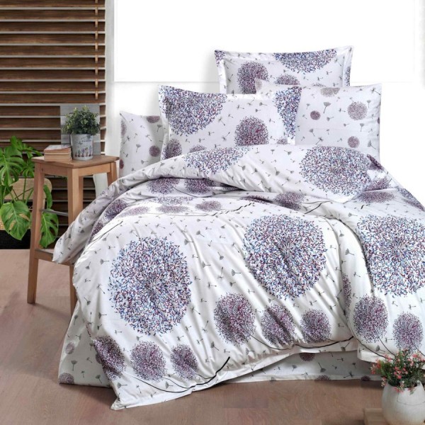 set cearceafuri din bumbac satinat papadie mov cu 2 cearceafuri pat 220x240 cm si 2 fete perna 52x72 cm