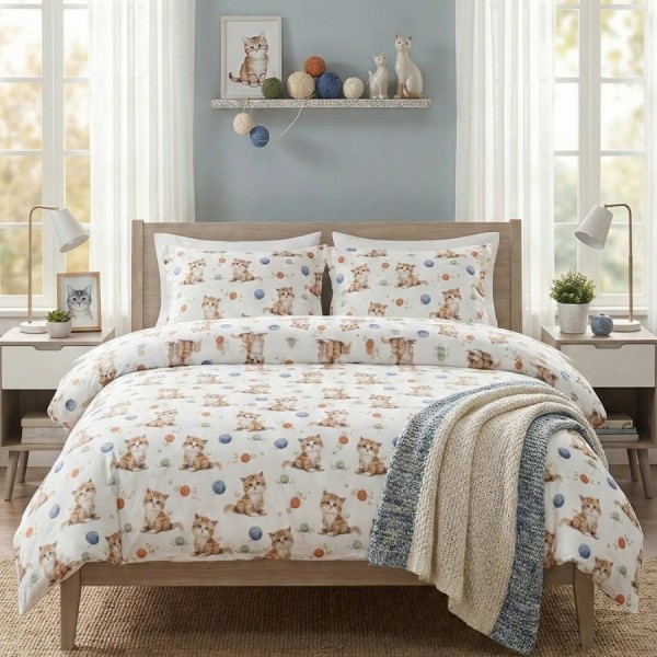 set cearceafuri 4 piese din bumbac satinat cu pisici jucause, 2 cearceafuri pat 220x240 cm si 2 fete perna 52x72 cm