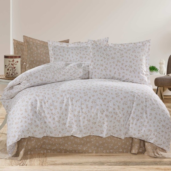 set cearceafuri 4 piese din bumbac satinat cu ramuri bej, 2 cearceafuri pat 220x240 cm si 2 fete perna 52x72 cm