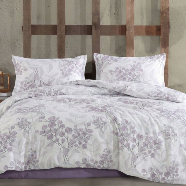set cearceafuri 4 piese din bumbac satinat cu ramuri lila, 2 cearceafuri pat 220x240 cm si 2 fete perna 52x72 cm