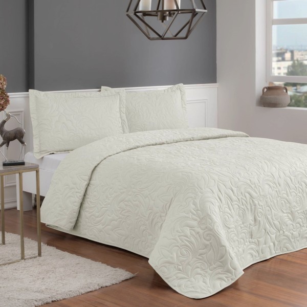 set cuvertura ecru 180x240 cm pentru 1 persoana cu model floral in relief si fata de perna asortata