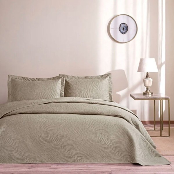 Set cuvertura TAC Harlow tas maro deschis 250x260 cm cu 2 fete de perna matlasare ultrasonica model ondulat modern