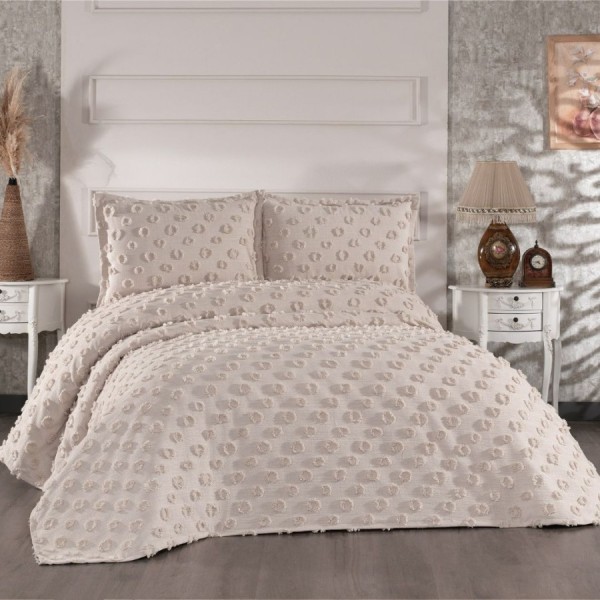 Set cuvertura catifelata Hayal Cappuccino pat dublu 240x260 cm model texturat cu 2 fete de perna