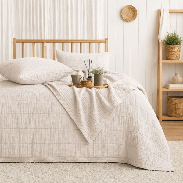 set cuvertură din muselină 240x260 cm Sortie Crem cu două fețe de pernă