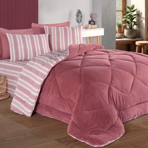 Set dormit pilota iarna 1 persoana Soft Line roz prafuit fata catifelata