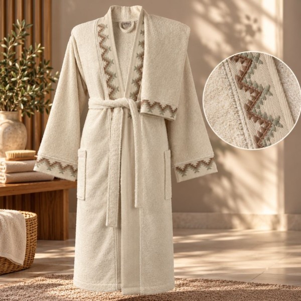 Set Arliva Home cu halat de baie marimea XXL si prosop 50x90 cm, bej natural, cu broderie zig-zag maro si verde