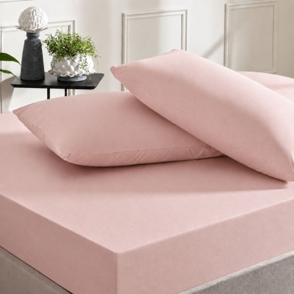 set husa de pat cu elastic 160x200 cm TAC Roz pudra din bumbac ranforce 100% cu 2 fete de perna