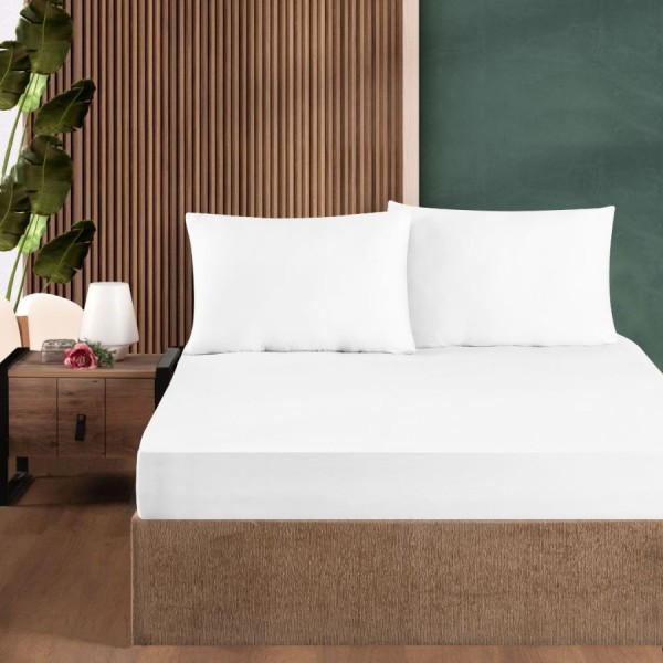 Set husa de pat cu elastic si 2 fete de perna, bumbac satinat, alb, 160x200 cm, potrivit pentru un dormitor elegant
