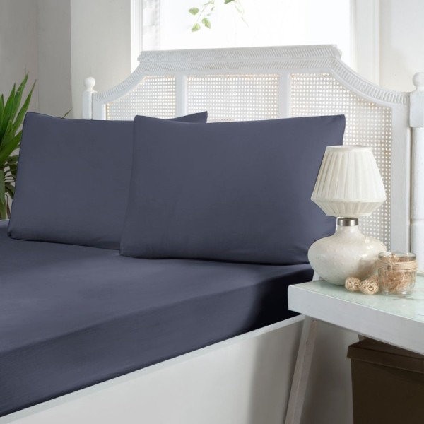 Set husa de pat cu elastic si 2 fete de perna, bumbac satinat, Albastru, 180x200 cm, potrivit pentru un dormitor elegant