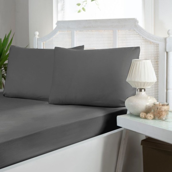 Set husa de pat cu elastic si 2 fete de perna, bumbac satinat, Antracit, 200x200 cm, potrivit pentru un dormitor elegant