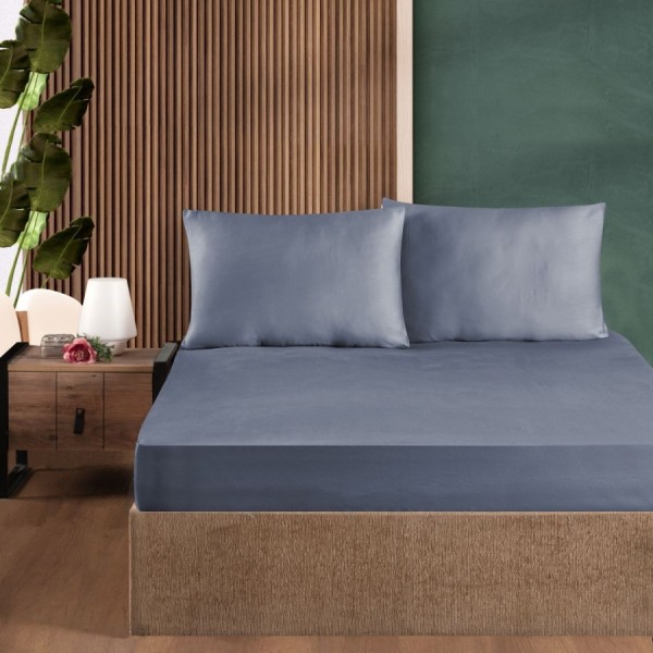 Set husa de pat cu elastic si fata de perna, bumbac ranforce, albastru, 120x200 cm, potrivita pentru saltele de pana la 30 cm inaltime