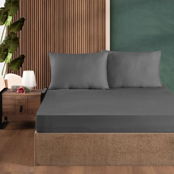 Set husa de pat cu elastic si fata de perna, bumbac ranforce, antracit, 120x200 cm, potrivita pentru saltele de pana la 30 cm inaltime