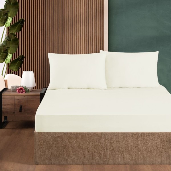 Set husa de pat cu elastic si 2 fete de perna, bumbac ranforce, Crem, 140x200 cm, potrivita pentru saltele de pana la 30 cm inaltime
