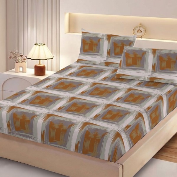 Set husa pat finet 160x200 cm cu elastic cu Patrate maro/gri si 2 fete de perna asortate, fabricat in Romania