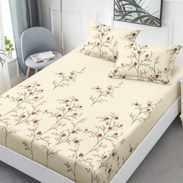 Set husa de pat cu elastic finet crem cu floricele 160x200cm