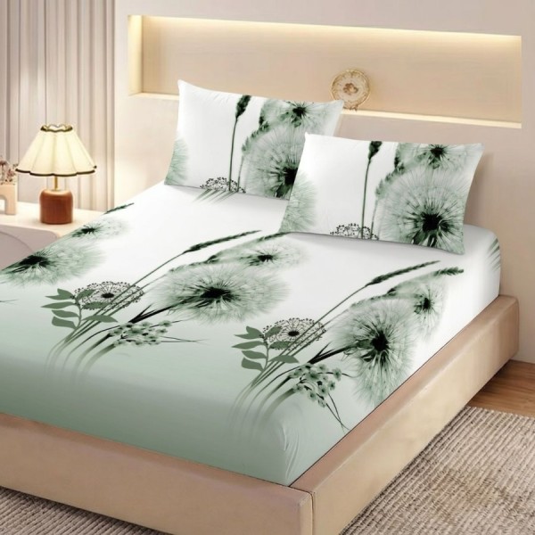 Set husa pat finet 160x200 cm cu elastic model verde cu papadii si 2 fete de perna asortate, fabricat in Romania