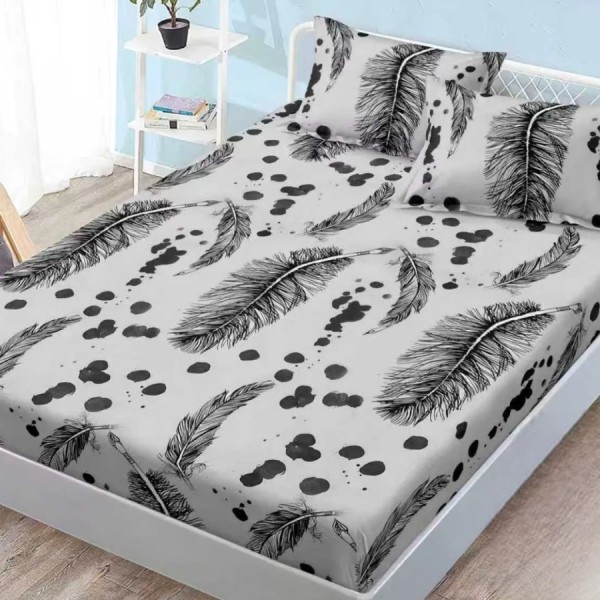 Set husa finet 160x200 cm cu elastic si 2 fete de perna, model pene negre pe fond alb-gri