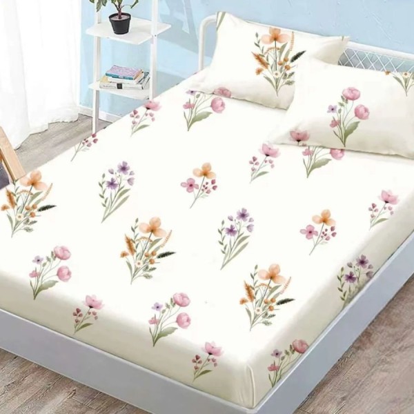 Set husa finet 160x200 cm cu elastic si 2 fete de perna, model Flori de camp pe fundal crem