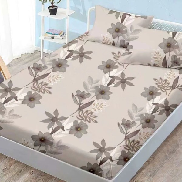 Set husa finet 160x200 cm cu elastic si 2 fete de perna, model flori gri pe fond bej