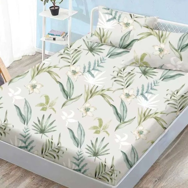 Set husa finet 160x200 cm cu elastic si 2 fete de perna, model cu frunze tropicale si flori albe pe fond crem