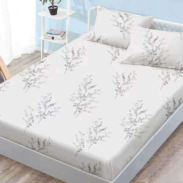 Set husă finet 160x200 cm cu elastic și 2 fețe de pernă, model Ramuri gri pe fundal alb-crem