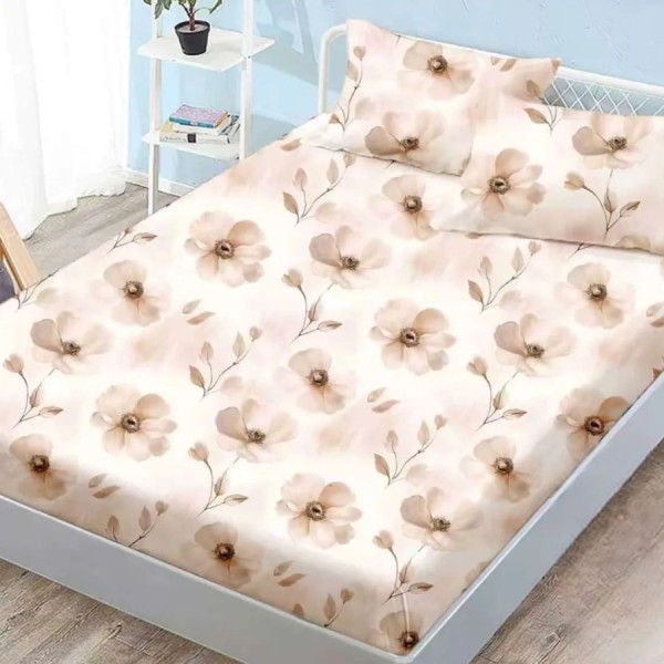 Set husă finet 160x200 cm cu elastic și 2 fețe de pernă, model Flori bej pe fundal crem