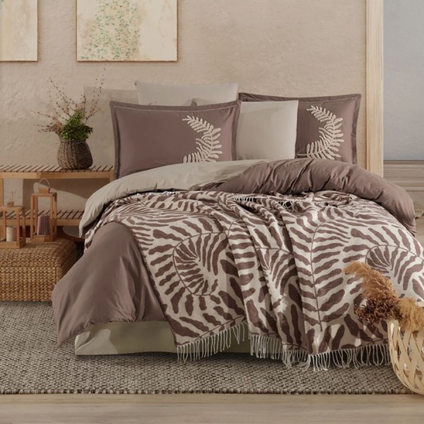 set lenjerie pat cu patura eleganta 7 piese clasy home liora v2 taupe crem broderie ranforce