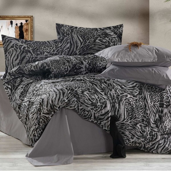 Lenjerie pat dublu Animal print din bumbac 100% ranforce, 4 piese, model zebra si leopard gri negru alb
