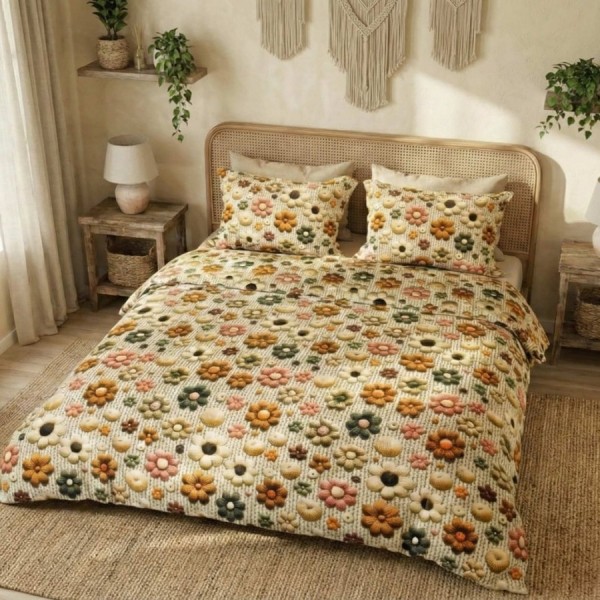 Lenjerie pat dublu Boho din bumbac 100% ranforce, 4 piese, model floral crem bej verde portocaliu si roz