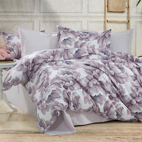 Lenjerie pat dublu Bujori lila din bumbac 100% ranforce 4 piese model floral cu bujori mov lila
