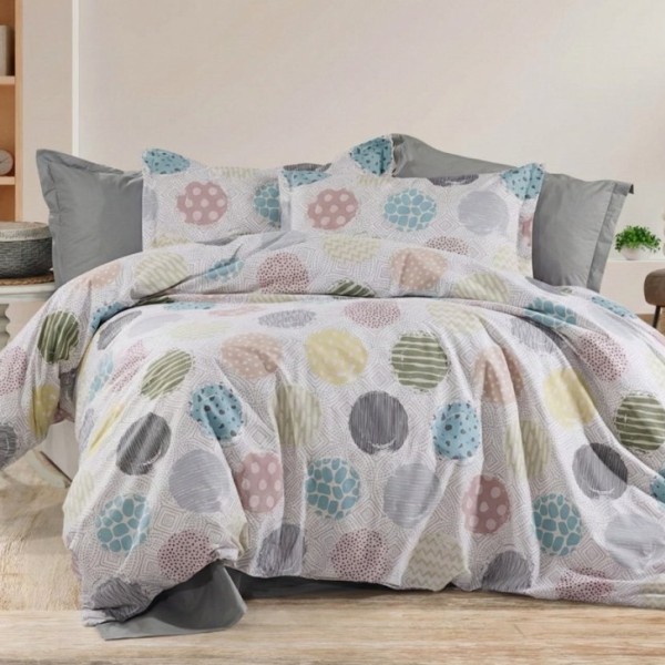 Lenjerie pat dublu Cercuri din bumbac 100% ranforce, 4 piese, model geometric pastel gri verde bleu roz si galben