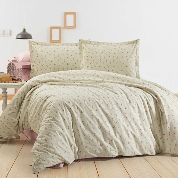 Lenjerie pat dublu Crem cu flori din bumbac 100% ranforce, 4 piese, model floral roz pe fundal crem