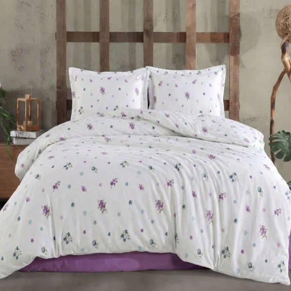 Lenjerie pat dublu Flori marunte din bumbac 100% ranforce, 4 piese, model floral mov verde si bleu pe fundal alb