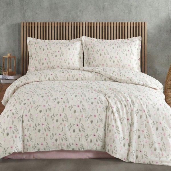Lenjerie pat dublu Floricele din bumbac 100% ranforce, 4 piese, model floral roz pal verde si gri pe fundal crem