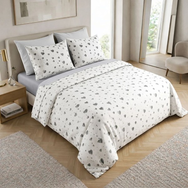 Lenjerie de pat dubla bumbac 100% ranforce cu inimioare gri design minimalist 4 piese, Fabricata in Romania